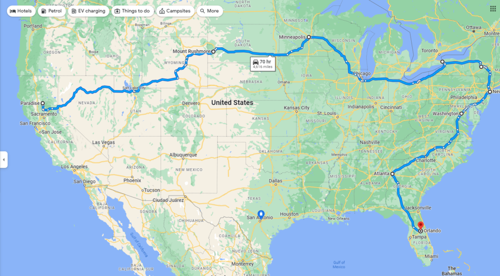 google map of road trip from California to Florida via New York