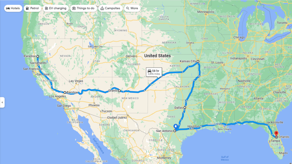 google map of road trip from California to Florida