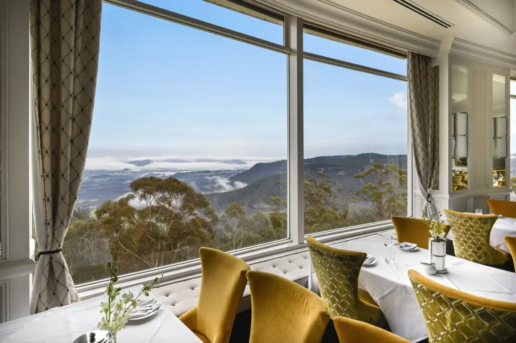 Hydro Majestic Hotel dining room with panoramic Megalong Valley views, an iconic heritage stay on a Blue Mountains family holiday.