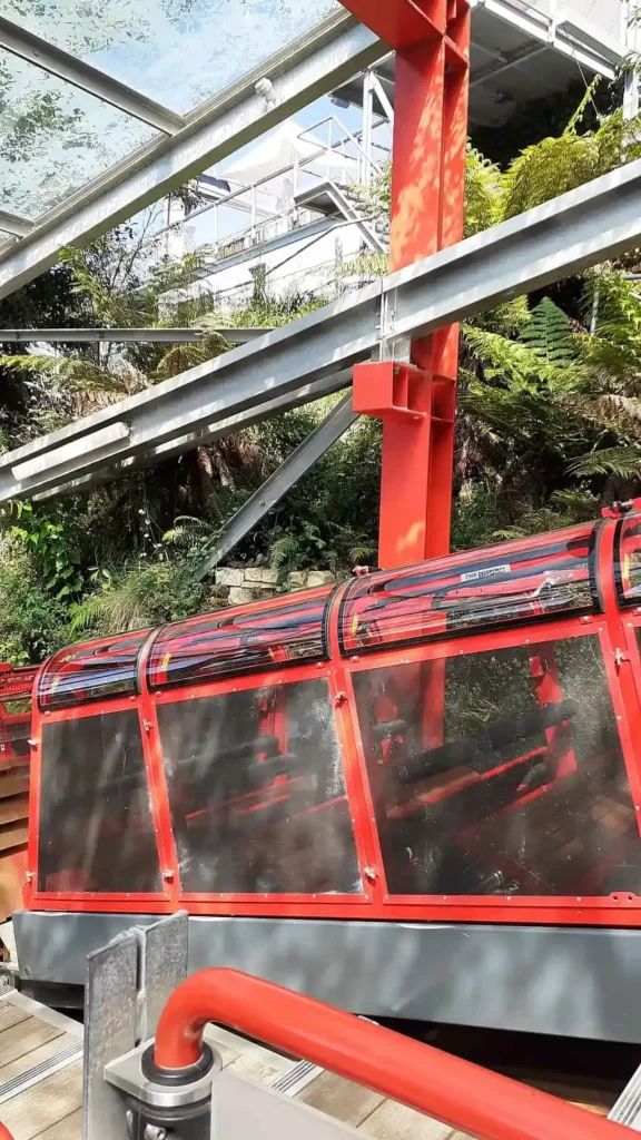 Scenic Railway at Scenic World Katoomba descending through lush rainforest, a thrilling attraction for a Blue Mountains family holiday.