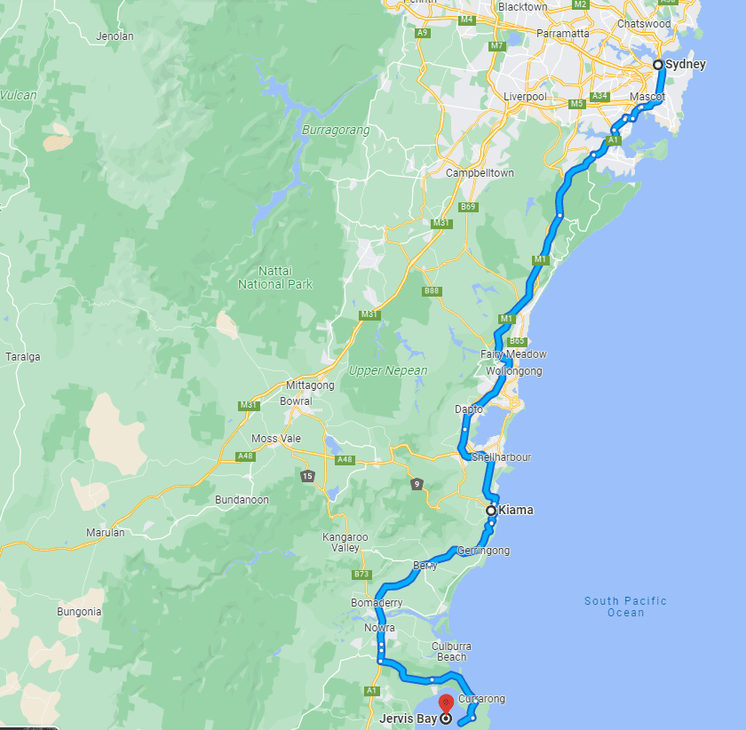Google map of route from Sydney to Jervis Bay and Kiama