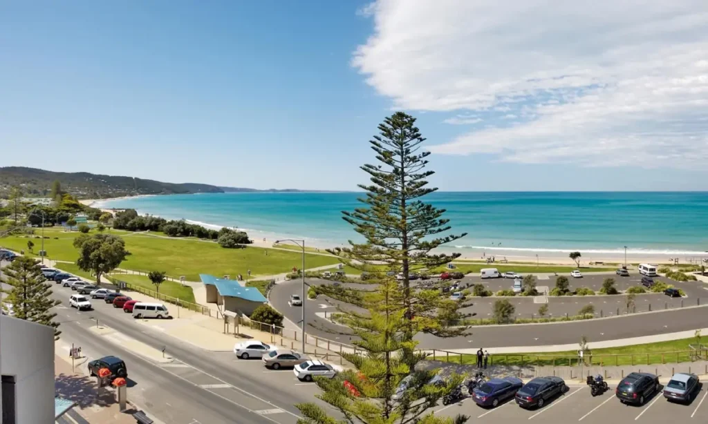 View from Cumberland Lorne Resort across a tall pine tree to the grassy foreshore and turquoise beach at Lorne. The ocean outlook and easy access to the sand make it a scenic base for a Great Ocean Road family holiday.
