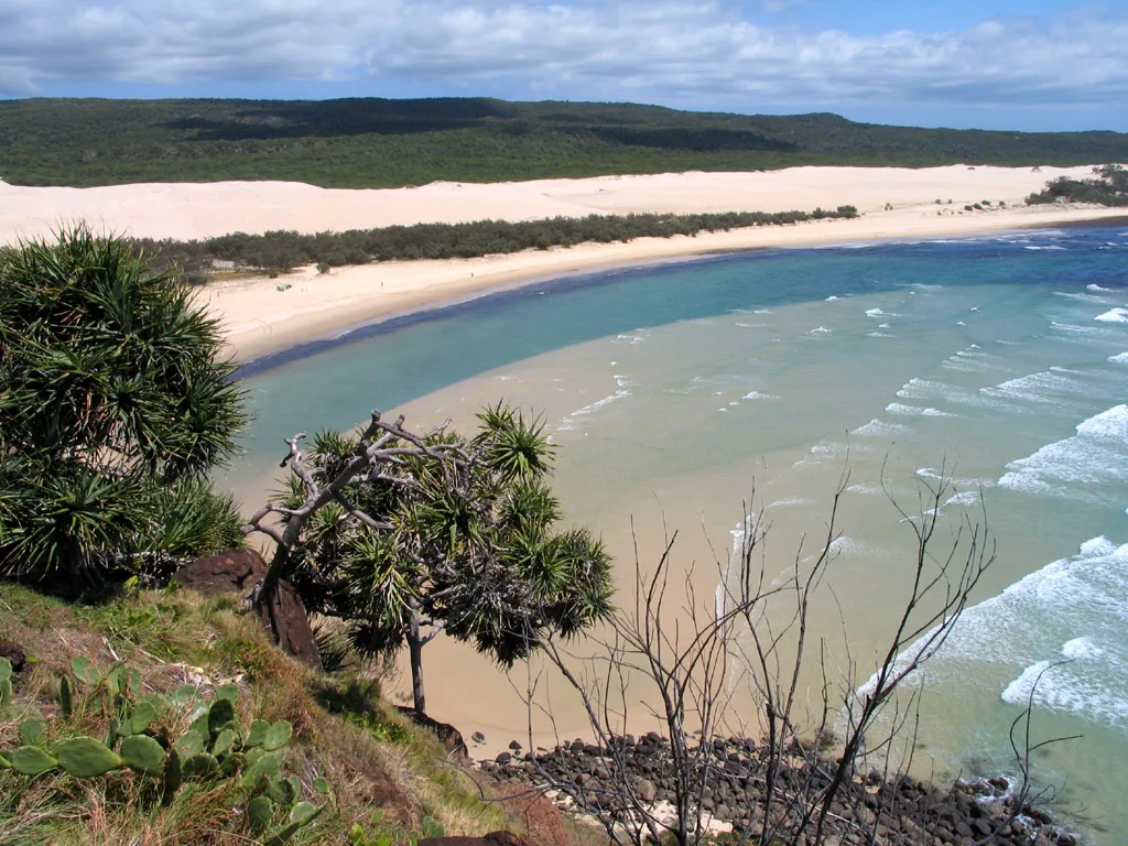 Fraser Island's pristine beach with clear blue water.