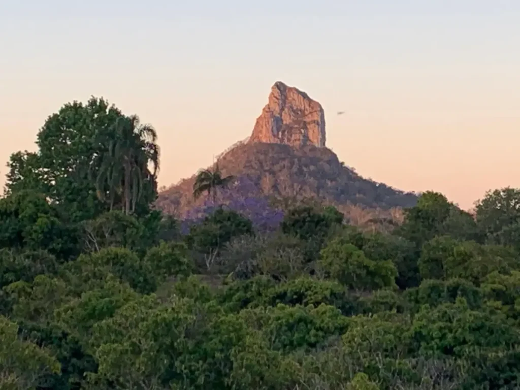 One of the Glass House Mountains rises sharply above dense green bushland in the soft light of sunset. This striking hinterland landscape adds a scenic nature stop to a Sunshine Coast Hinterland family holiday.