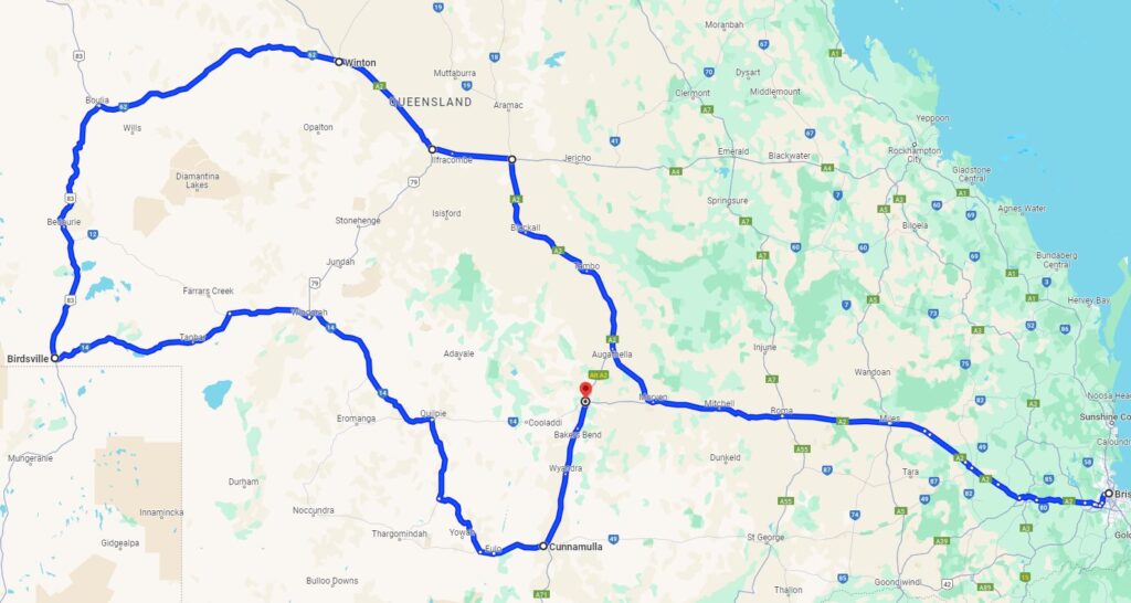 Map of Outback Queensland showing route