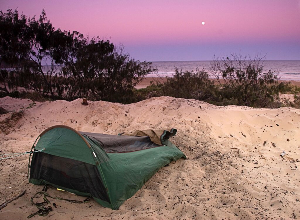 camping tent on beach of Byfield national park