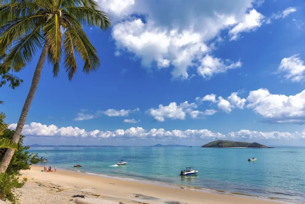 Small boats float near the sandy shore of Great Keppel Island, with turquoise water, a leaning palm tree, and a green island under a bright blue sky. The calm beach scene shows an easy island day trip during a Capricorn Coast family holiday.