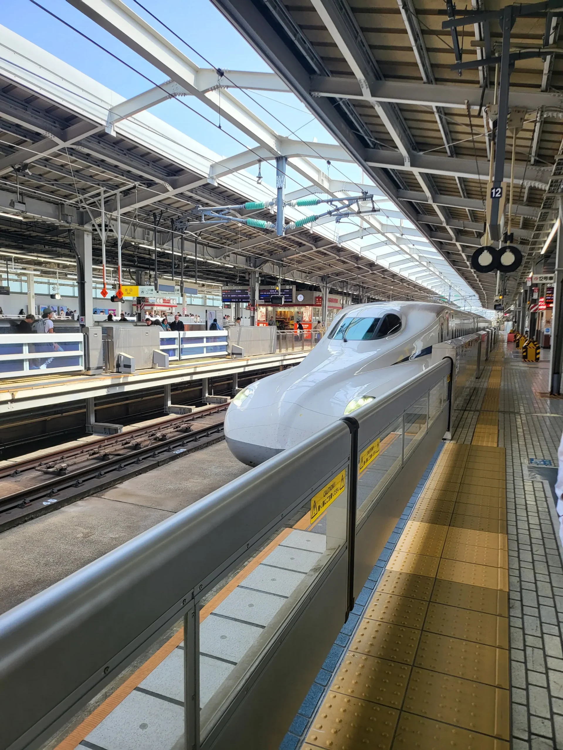 Shinkansen bullet train at a station in Japan