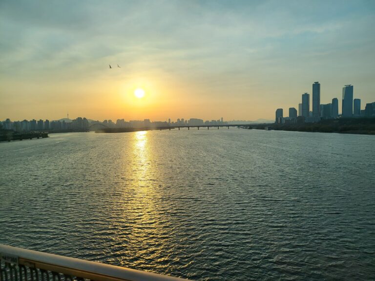 A tranquil sunrise view over the Han River in Seoul, with the sun casting a golden reflection on the water. The skyline features tall buildings and a few birds flying above, creating a serene and picturesque scene.