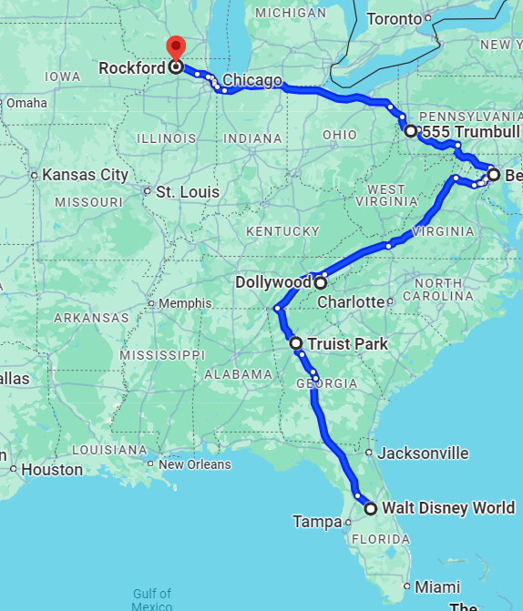 Google Map of 2024 Road Trip from Orlando Florida to Rockford Illinois 