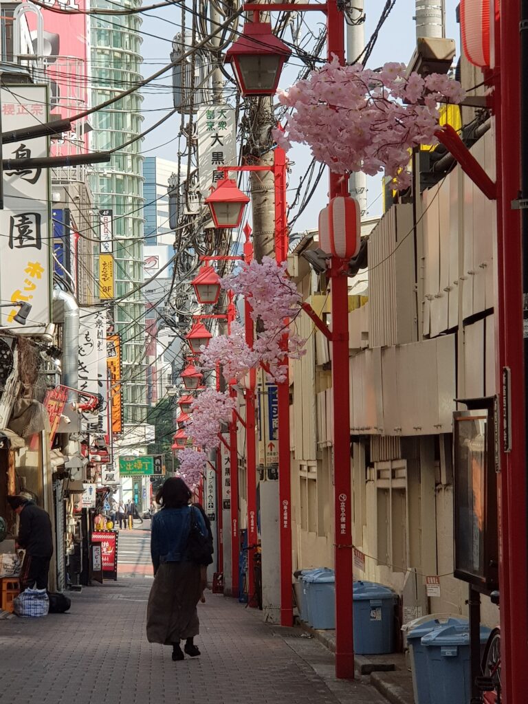 a person walking down a Tokyo street with pink flowers