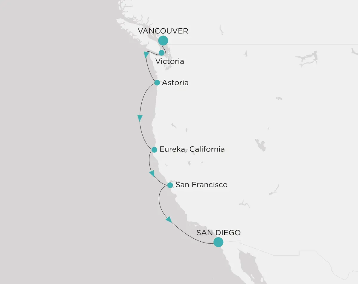Vancouver to San Diego Wellness Cruise route