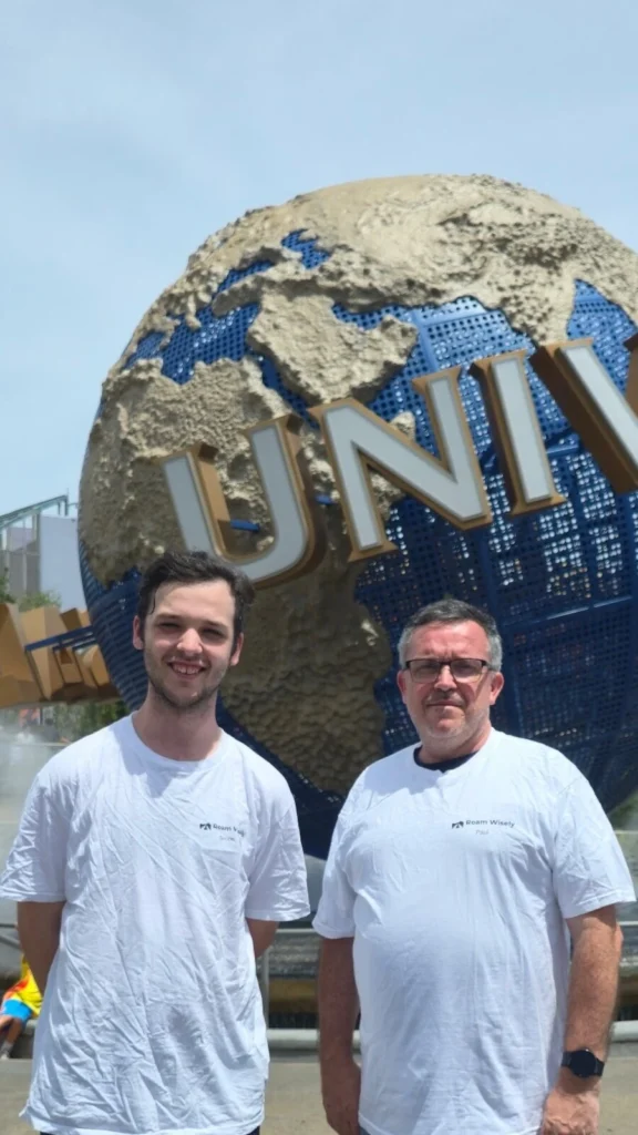 Paul and Simon from Roam Wisely Travel visiting Universal Studios during a research trip