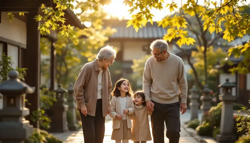 Grandparents walk hand in hand with two young children along a peaceful outdoor path during a multi generational travel experience. Golden autumn leaves hang overhead as the family smiles and talks while strolling through a traditional courtyard setting.