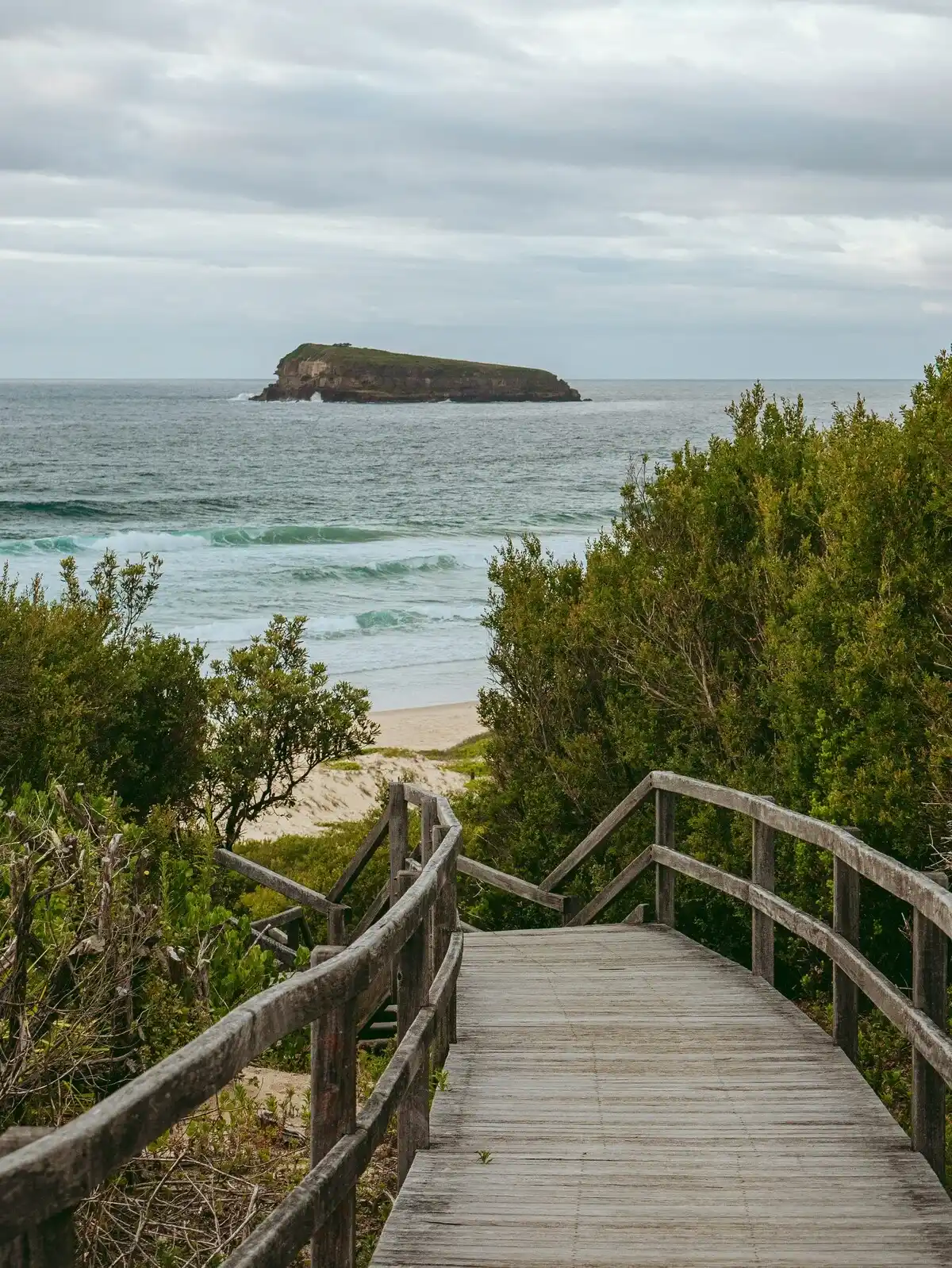 Wooden boardwalk leading down to a sandy beach with waves rolling in and Lion Island visible offshore on the Central Coast. The scenic coastal lookout is a peaceful stop during a Central Coast family holiday.