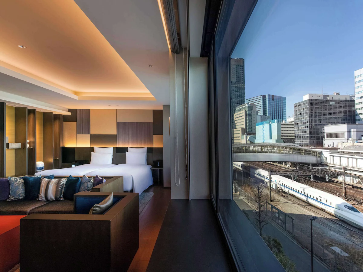 Hotel room overlooking Tokyo and the Shinkansen railway