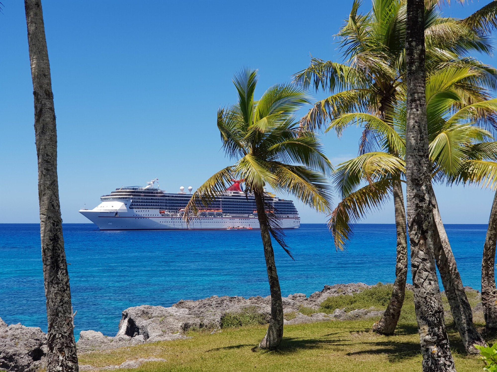 Family swimming at a South Pacific island beach with a Carnival cruise ship at the pier